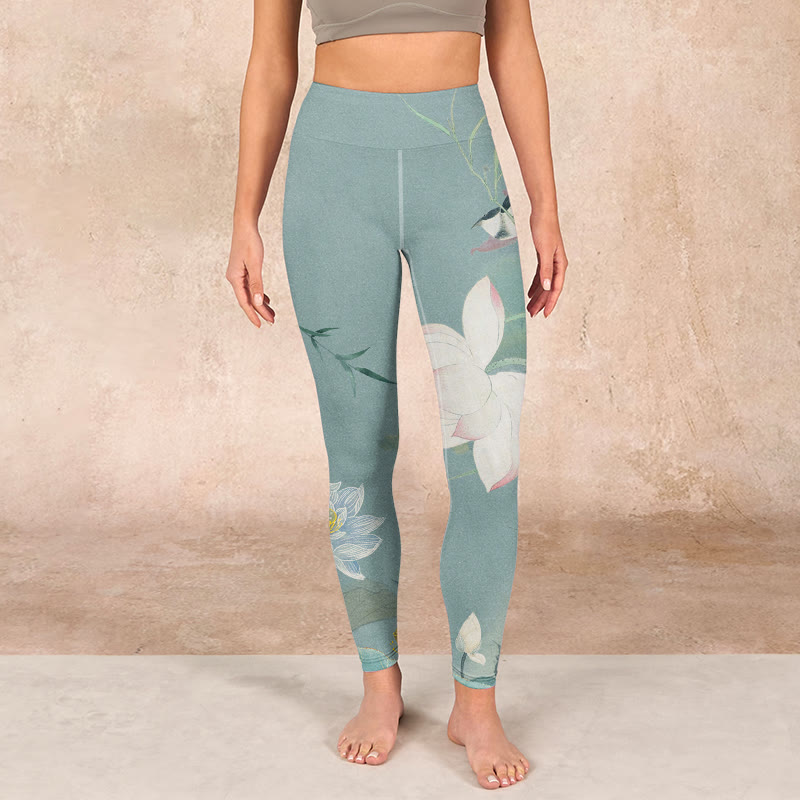 Buddha Stones Lotus Leaf Bird Print Gym Leggings Women's Yoga Pants - image 1