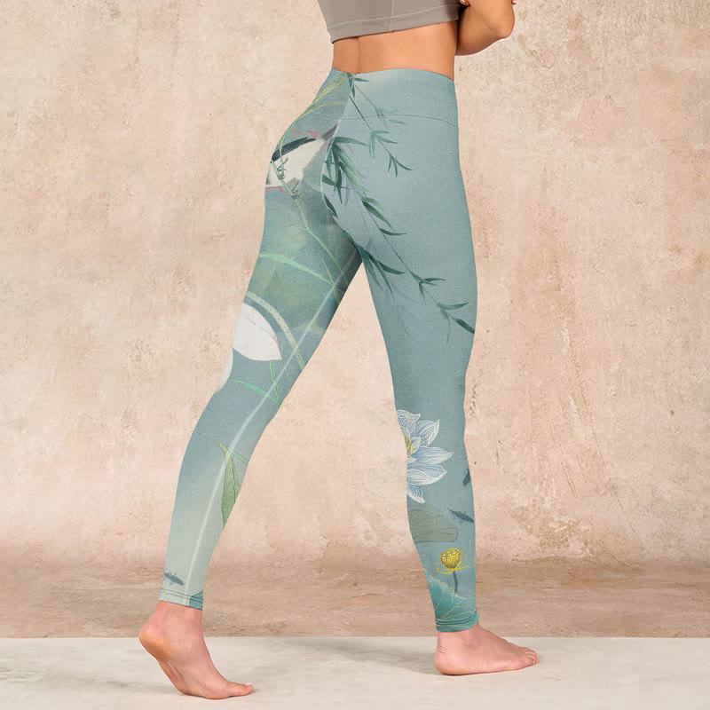 Buddha Stones Lotus Leaf Bird Print Gym Leggings Women's Yoga Pants - image 4