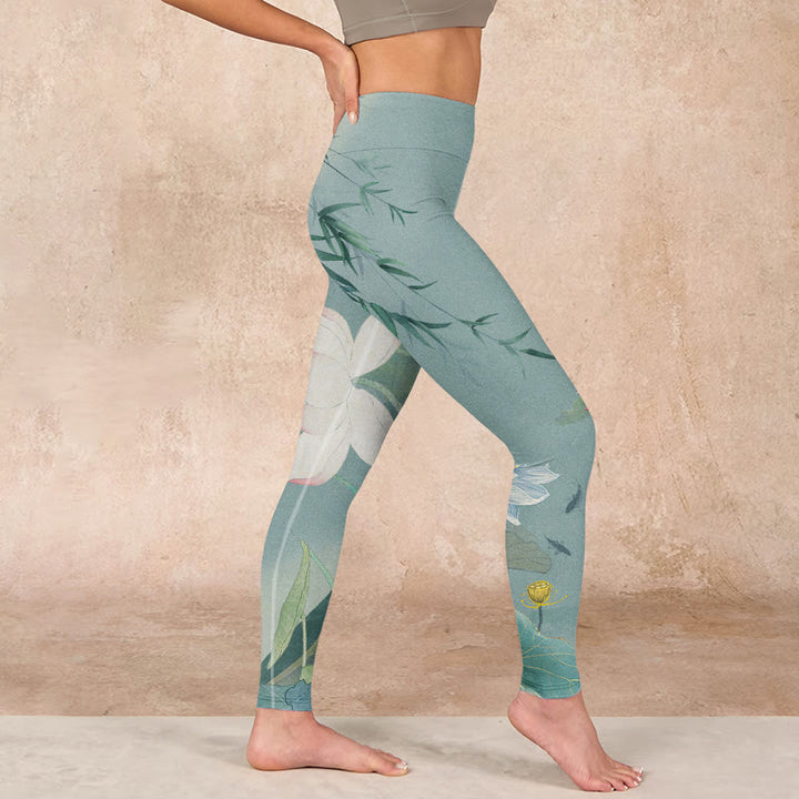 Buddha Stones Lotus Leaf Bird Print Gym Leggings Women's Yoga Pants - image 15