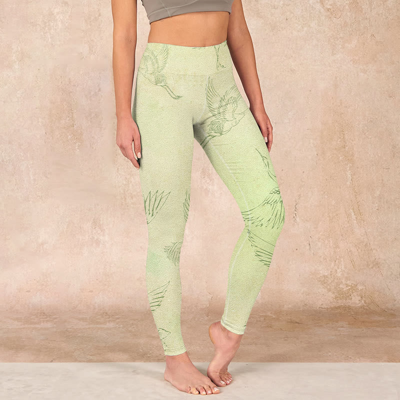 Buddha Stones Light Yellow Crane Print Sports Leggings Women's Yoga Pants - LightYellow - US18，UK/AU22，EU50 (4XL) - image 0