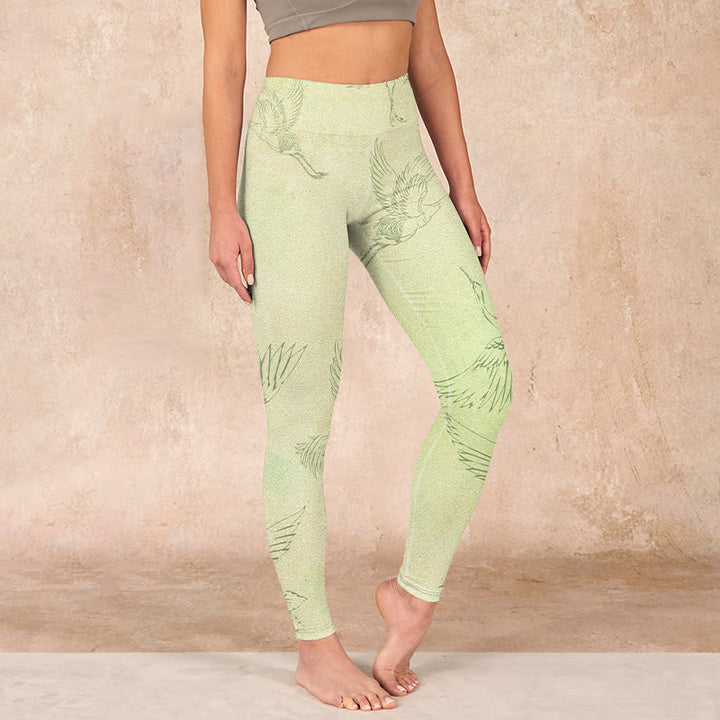 Buddha Stones Light Yellow Crane Print Sports Leggings Women's Yoga Pants - LightYellow - US18，UK/AU22，EU50 (4XL) - image 0
