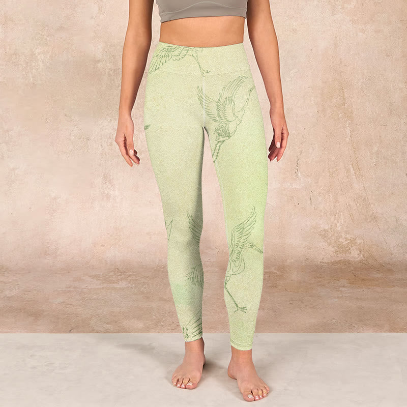 Buddha Stones Light Yellow Crane Print Sports Leggings Women's Yoga Pants - image 1