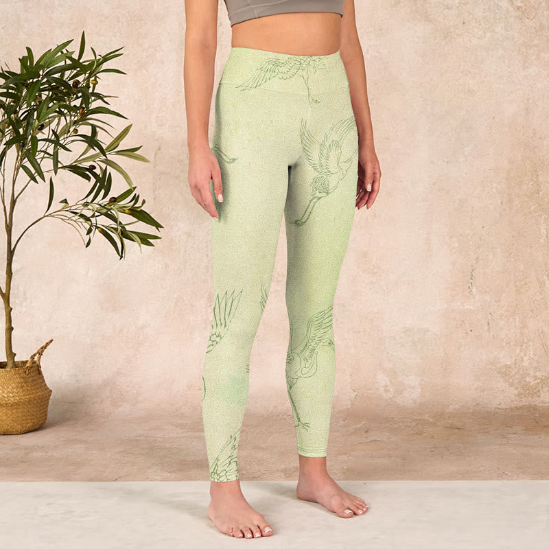 Buddha Stones Light Yellow Crane Print Sports Leggings Women's Yoga Pants - image 3
