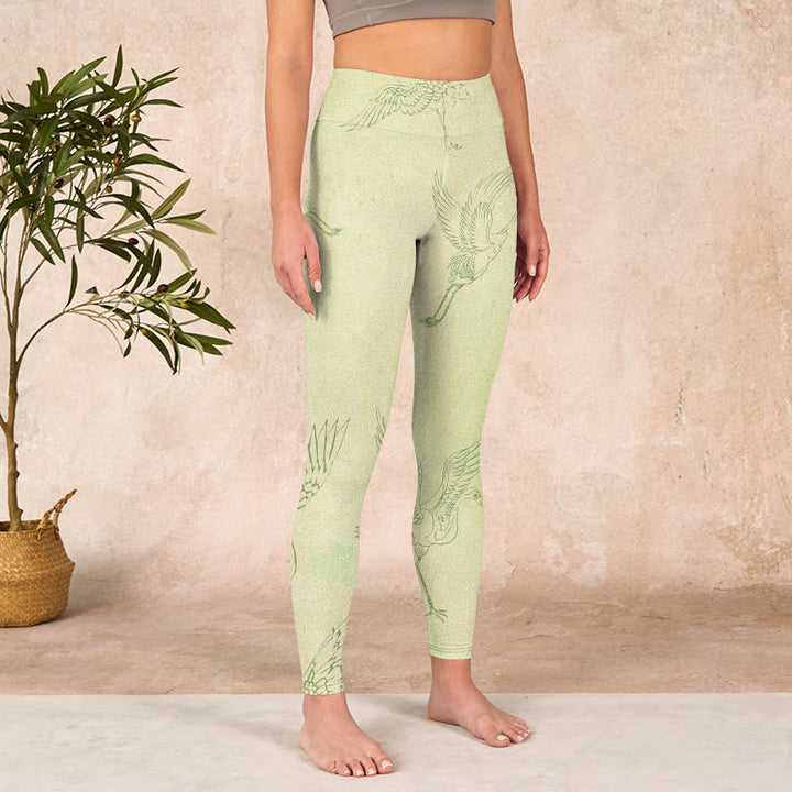 Buddha Stones Light Yellow Crane Print Sports Leggings Women's Yoga Pants - image 3