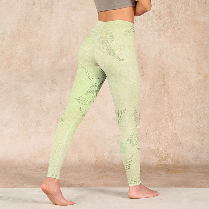 Buddha Stones Light Yellow Crane Print Sports Leggings Women's Yoga Pants - image 4