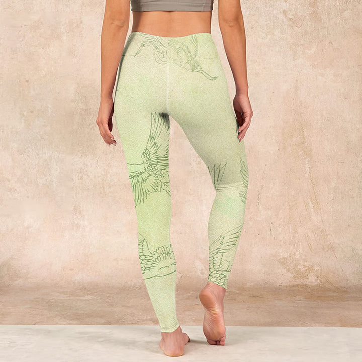 Buddha Stones Light Yellow Crane Print Sports Leggings Women's Yoga Pants - image 16