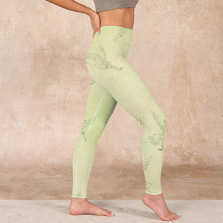 Buddha Stones Light Yellow Crane Print Sports Leggings Women's Yoga Pants - image 15