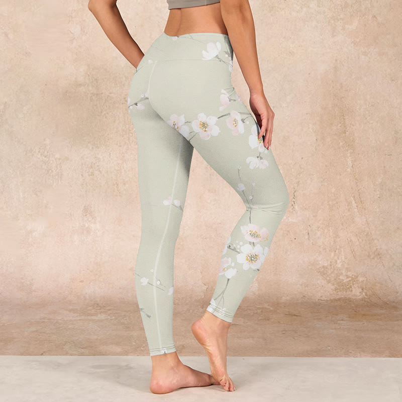 Buddha Stones Beige Plum Blossoms Print Gym Leggings Women's Yoga Pants - image 1