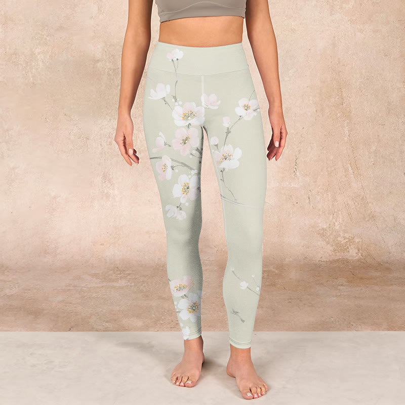 Buddha Stones Beige Plum Blossoms Print Gym Leggings Women's Yoga Pants - Beige - US18，UK/AU22，EU50 (4XL) - image 0