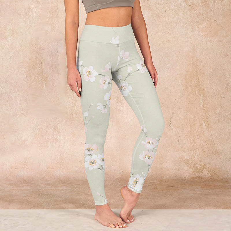 Buddha Stones Beige Plum Blossoms Print Gym Leggings Women's Yoga Pants - image 2
