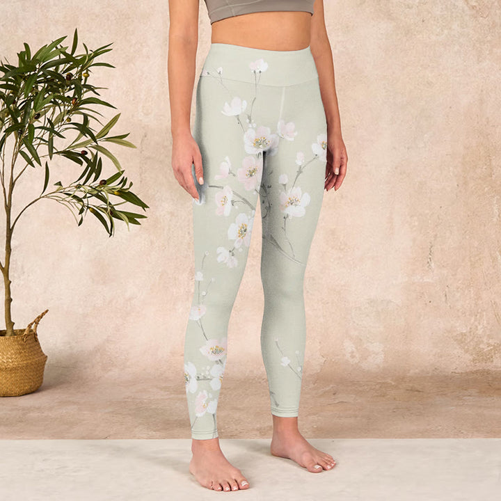 Buddha Stones Beige Plum Blossoms Print Gym Leggings Women's Yoga Pants - image 3