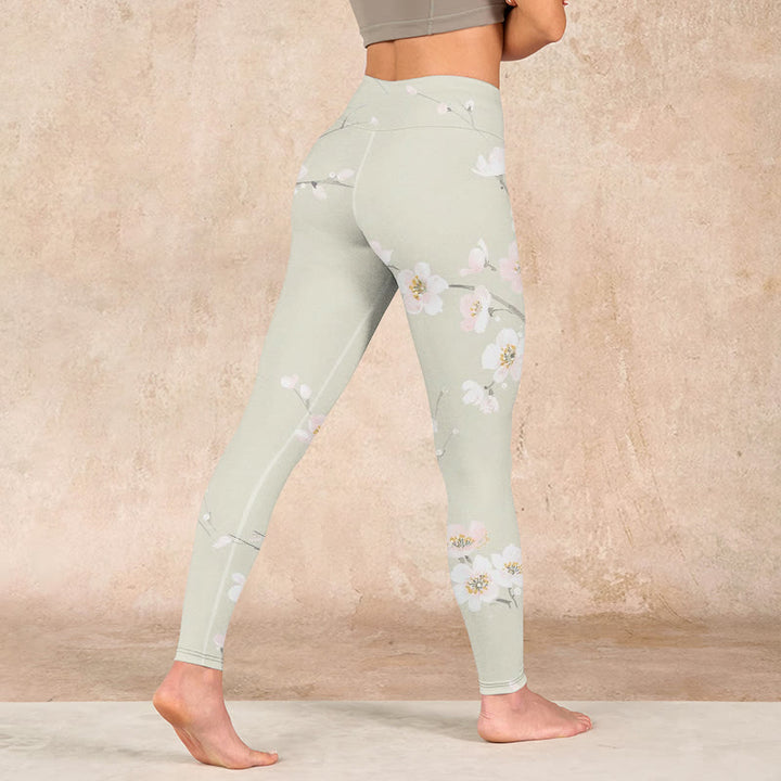 Buddha Stones Beige Plum Blossoms Print Gym Leggings Women's Yoga Pants - image 4