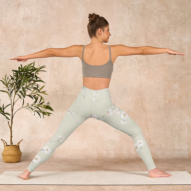 Buddha Stones Beige Plum Blossoms Print Gym Leggings Women's Yoga Pants - image 11