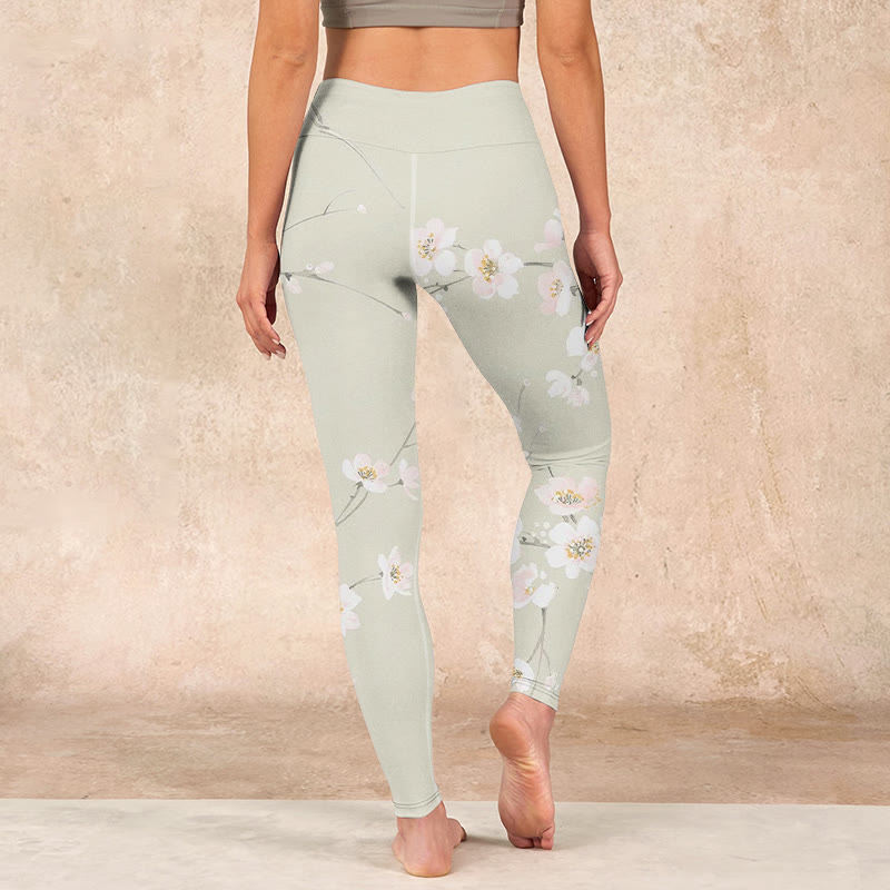 Buddha Stones Beige Plum Blossoms Print Gym Leggings Women's Yoga Pants - image 14