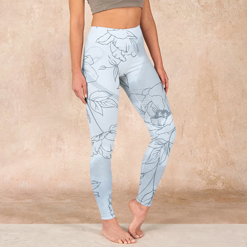 Buddha Stones Peony Flower Leaves Print Gym Leggings Women's Yoga Pants - LightCyan - US18，UK/AU22，EU50 (4XL) - image 0