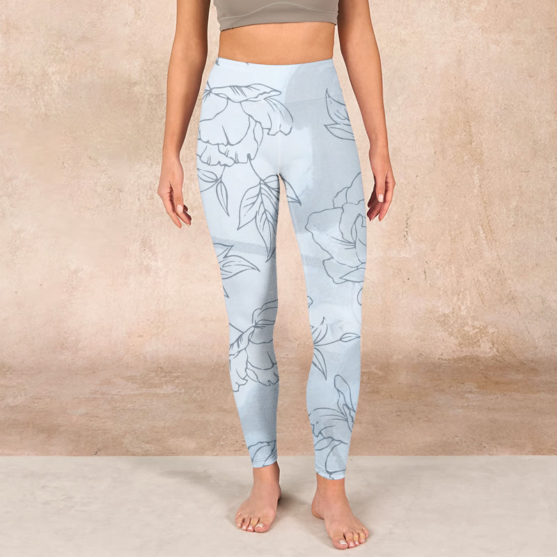 Buddha Stones Peony Flower Leaves Print Gym Leggings Women's Yoga Pants - image 1