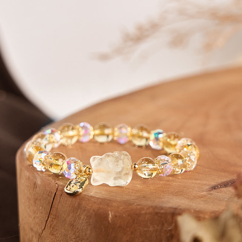 Buddha Stones Natural Citrine White Crystal Nine Tailed Fox Attracting Wealth Charm Energy Bracelet - image 1