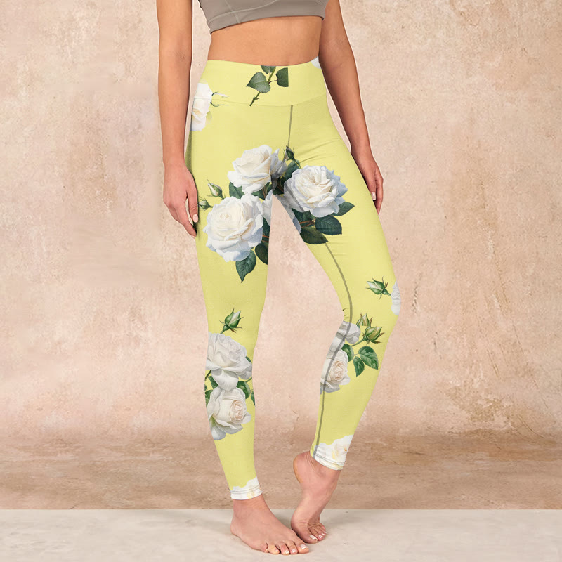 Buddha Stones Yellow White Rose Print Sports Leggings Women's Yoga Pants - Yellow - US18，UK/AU22，EU50 (4XL) - image 0