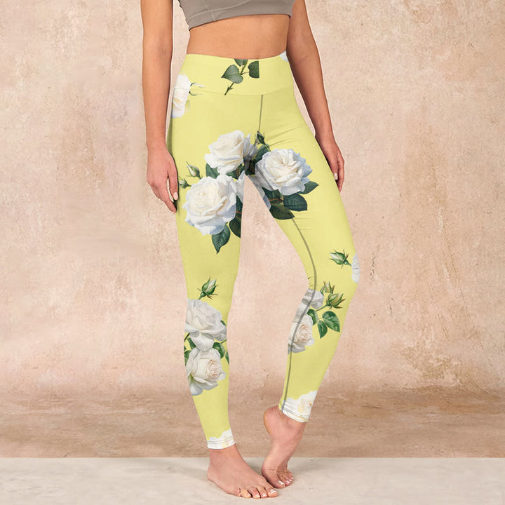Buddha Stones Yellow White Rose Print Sports Leggings Women's Yoga Pants - Yellow - US18，UK/AU22，EU50 (4XL) - image 0