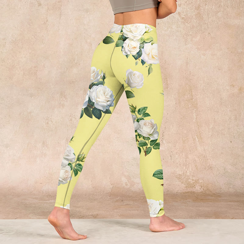 Buddha Stones Yellow White Rose Print Sports Leggings Women's Yoga Pants - image 4