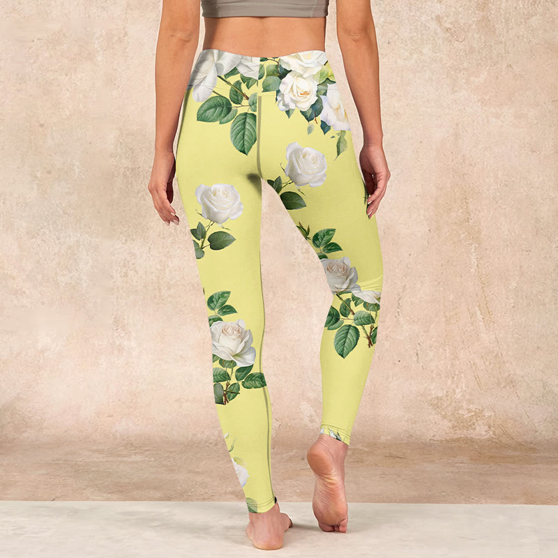 Buddha Stones Yellow White Rose Print Sports Leggings Women's Yoga Pants - image 14