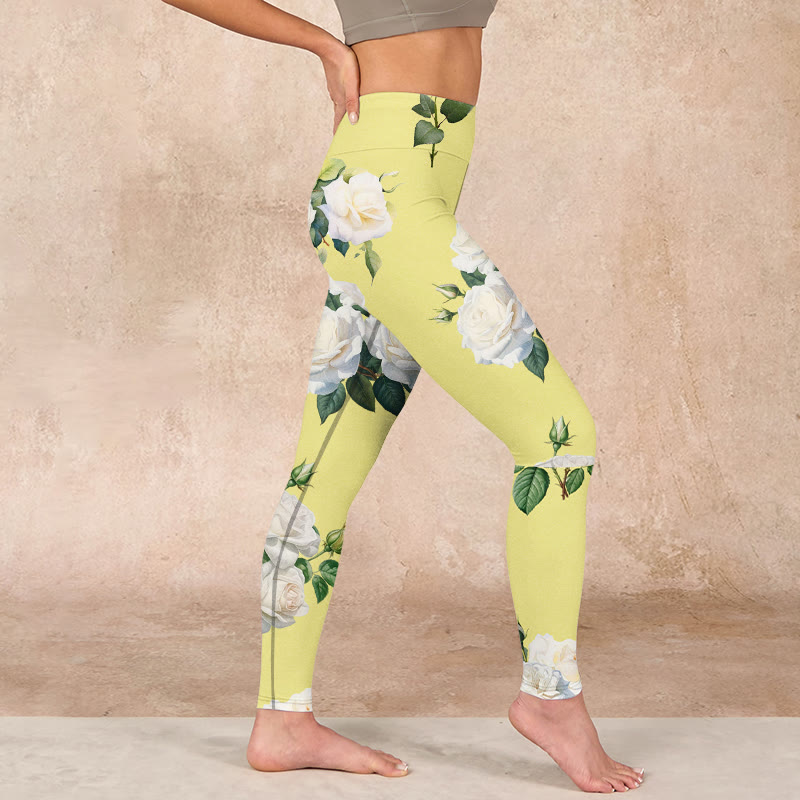 Buddha Stones Yellow White Rose Print Sports Leggings Women's Yoga Pants - image 16