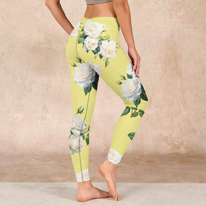 Buddha Stones Yellow White Rose Print Sports Leggings Women's Yoga Pants - image 2