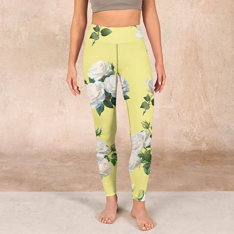 Buddha Stones Yellow White Rose Print Sports Leggings Women's Yoga Pants - image 1