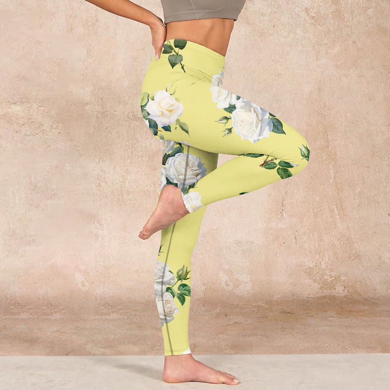Buddha Stones Yellow White Rose Print Sports Leggings Women's Yoga Pants - image 15
