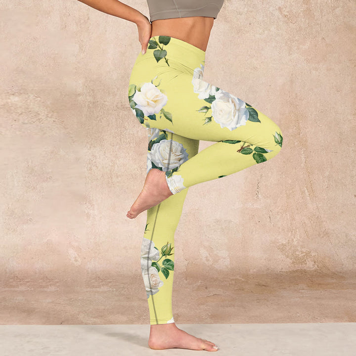Buddha Stones Yellow White Rose Print Sports Leggings Women's Yoga Pants - image 15