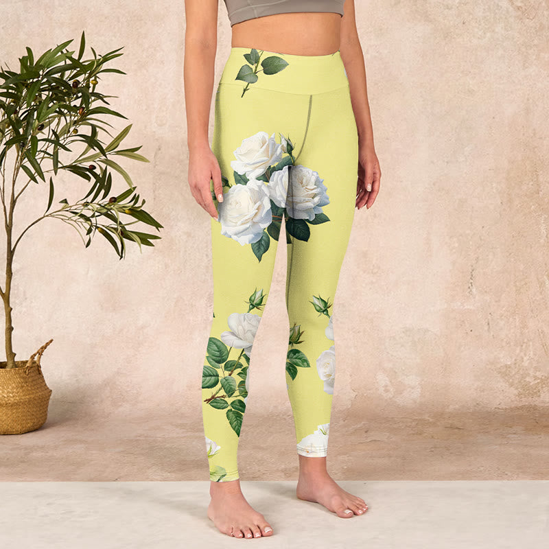 Buddha Stones Yellow White Rose Print Sports Leggings Women's Yoga Pants - image 3