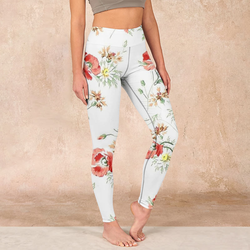 Buddha Stones White Daisy Red Flower Print Sports Leggings Women's Yoga Pants - Ivory - US18，UK/AU22，EU50 (4XL) - image 0