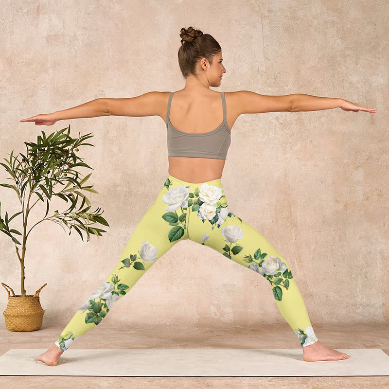Buddha Stones Yellow White Rose Print Sports Leggings Women's Yoga Pants - image 10