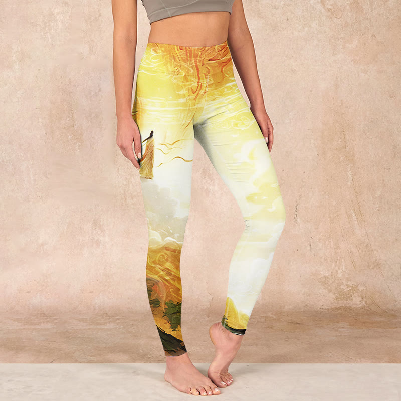 Buddha Stones Golden Auspicious Cloud Figure Print Fitness Leggings Women's Yoga Pants - LightGoldenrodYellow - US18，UK/AU22，EU50 (4XL) - image 0