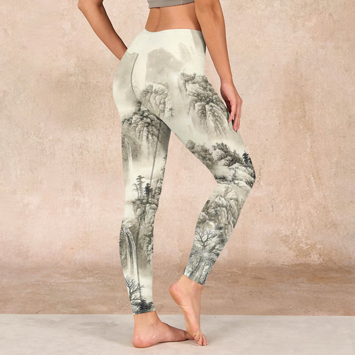 Buddha Stones Mountain Tree River Scenery Print Sports Leggings Women's Yoga Pants - image 2