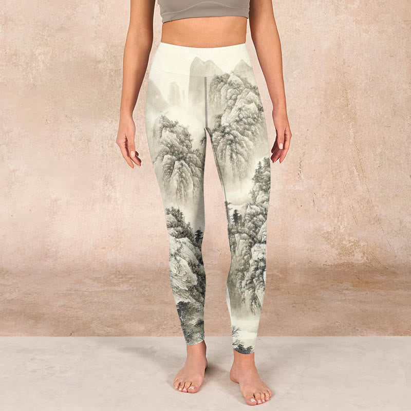 Buddha Stones Mountain Tree River Scenery Print Sports Leggings Women's Yoga Pants - image 1