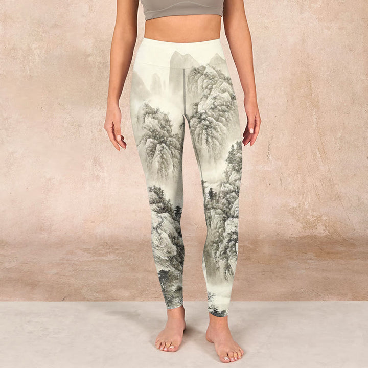 Buddha Stones Mountain Tree River Scenery Print Sports Leggings Women's Yoga Pants - image 1