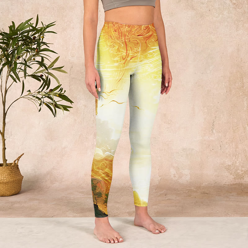 Buddha Stones Golden Auspicious Cloud Figure Print Fitness Leggings Women's Yoga Pants - image 3