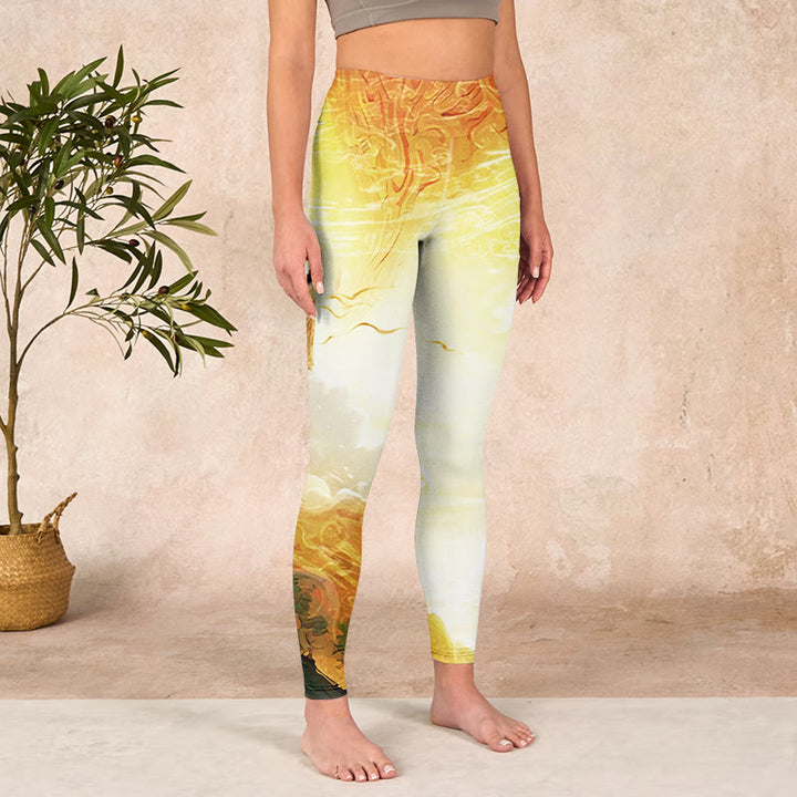 Buddha Stones Golden Auspicious Cloud Figure Print Fitness Leggings Women's Yoga Pants - image 3