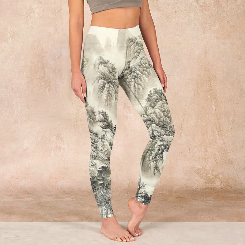 Buddha Stones Mountain Tree River Scenery Print Sports Leggings Women's Yoga Pants - Beige - US18，UK/AU22，EU50 (4XL) - image 0