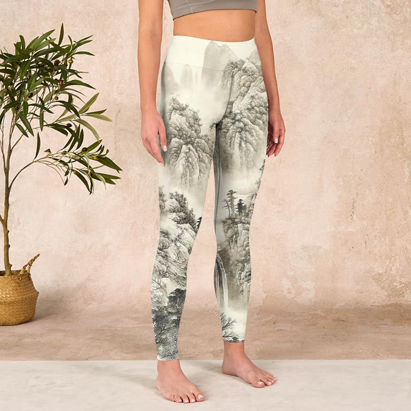 Buddha Stones Mountain Tree River Scenery Print Sports Leggings Women's Yoga Pants - image 3