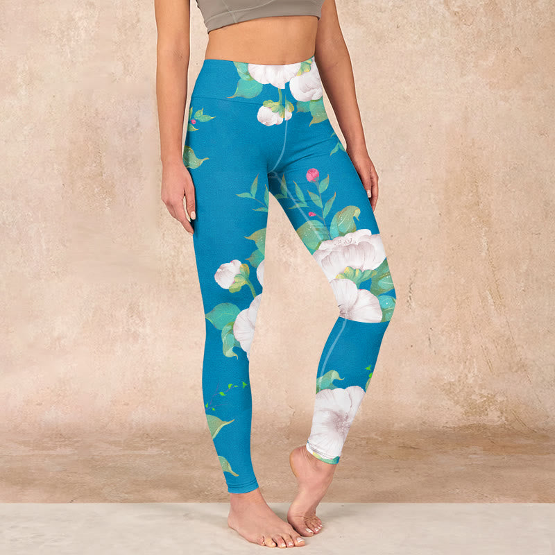 Buddha Stones Blue White Flowers Leaves Print Sports Leggings Women's Yoga Pants - DeepSkyBlue - US18，UK/AU22，EU50 (4XL) - image 0