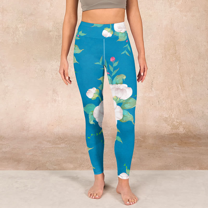 Buddha Stones Blue White Flowers Leaves Print Sports Leggings Women's Yoga Pants - image 1