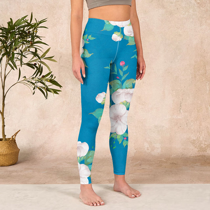 Buddha Stones Blue White Flowers Leaves Print Sports Leggings Women's Yoga Pants - image 3