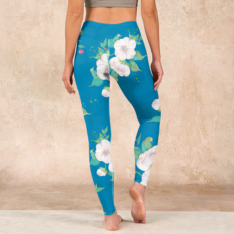 Buddha Stones Blue White Flowers Leaves Print Sports Leggings Women's Yoga Pants - image 14