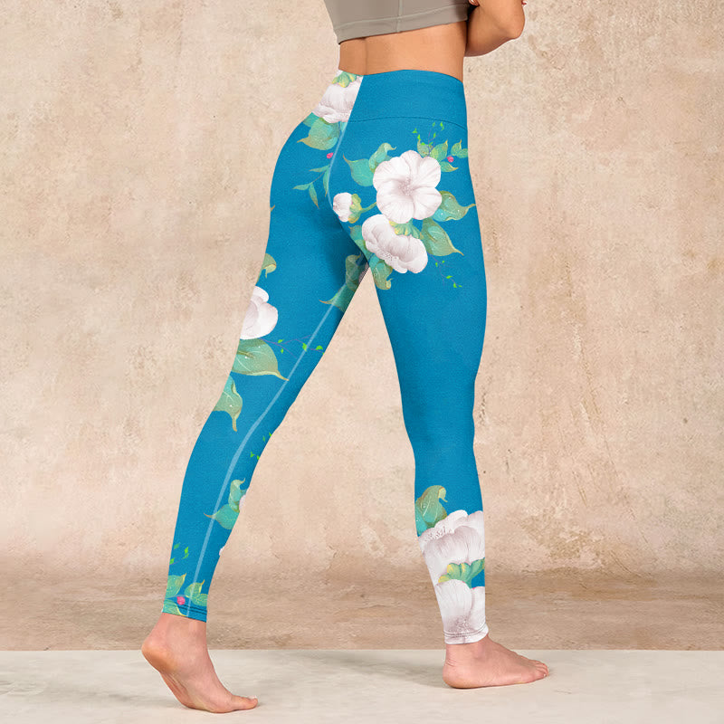 Buddha Stones Blue White Flowers Leaves Print Sports Leggings Women's Yoga Pants - image 4