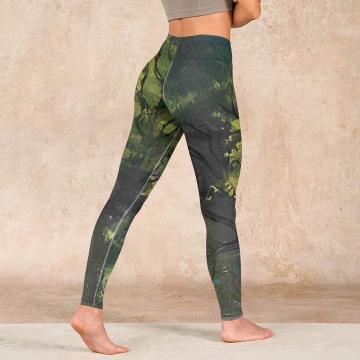 Buddha Stones ForestGreen Leaves Black Lines Print Exercise Leggings Women's Yoga Pants - image 4