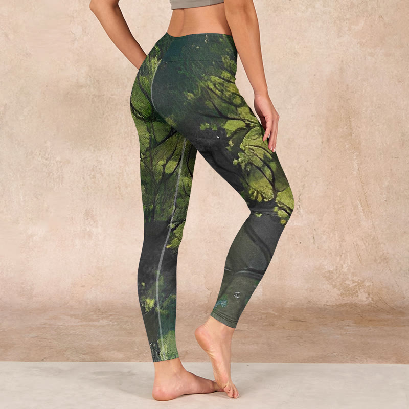 Buddha Stones ForestGreen Leaves Black Lines Print Exercise Leggings Women's Yoga Pants - image 2