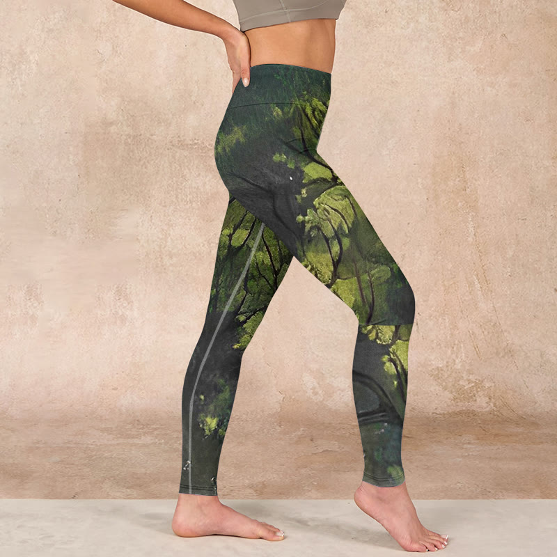 Buddha Stones ForestGreen Leaves Black Lines Print Exercise Leggings Women's Yoga Pants - image 16