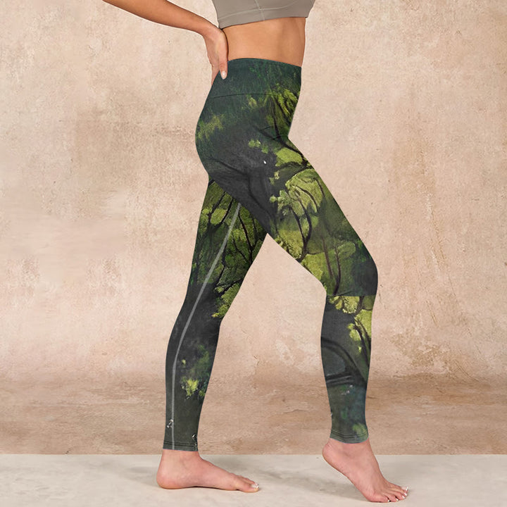 Buddha Stones ForestGreen Leaves Black Lines Print Exercise Leggings Women's Yoga Pants - image 16